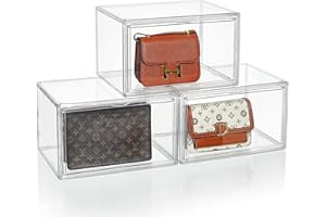 ZLLZUU Purse and Handbag Storage Organizer for Closet, Clear Acrylic Display Case for Collectibles, 3 Pack Plastic Storage Boxes with Magnetic Door for Wallet, Cosmetic, Toys (Large Door)