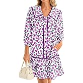 Wenrine Womens Casual Shirt Dresses 3/4 Long Sleeve Floral Button Down Flowy Babydoll Fall Mini Dress Violet