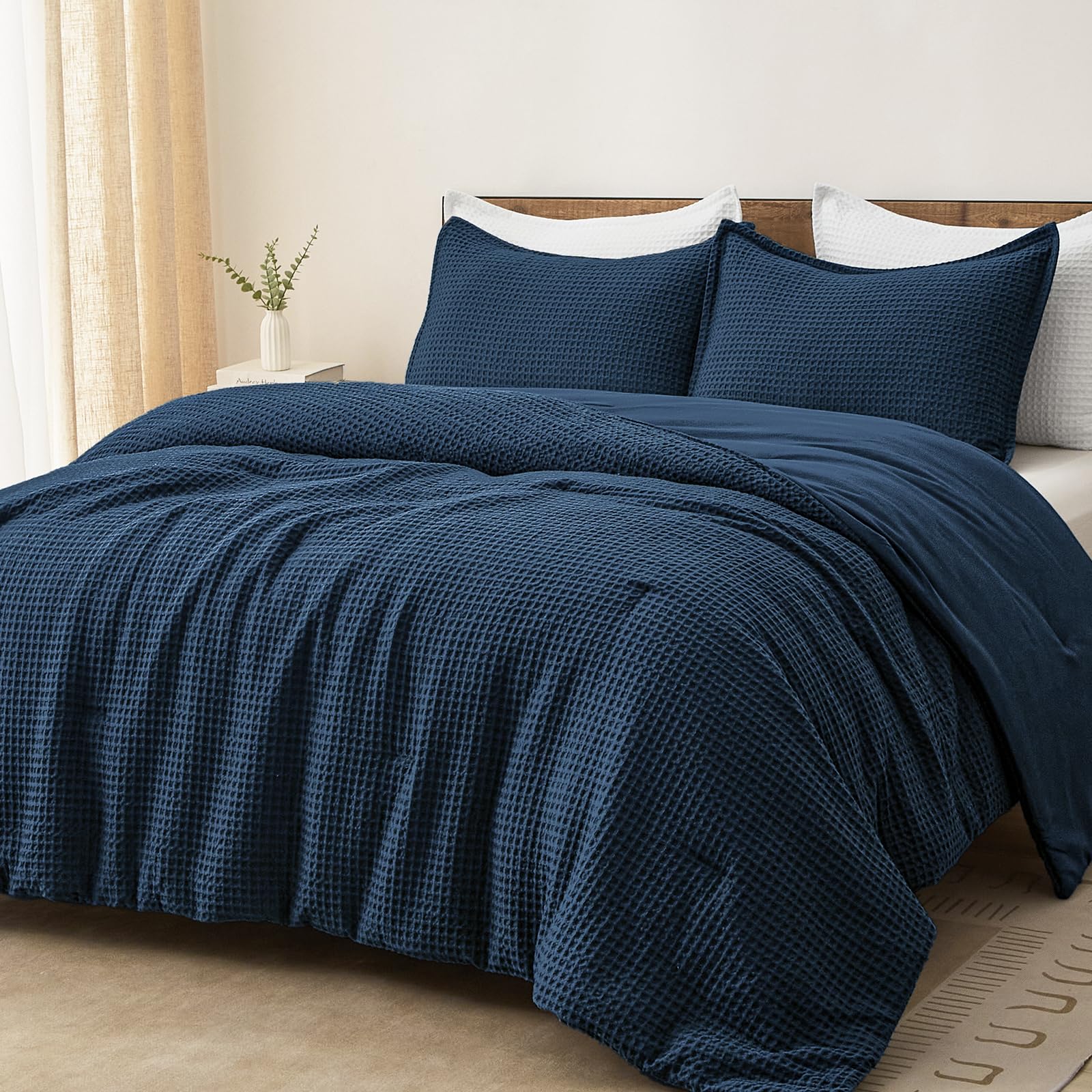 Photo 1 of PHF Ultra Soft Waffle Weave Comforter Set King Size, 3 Pieces Lightweight Breathable Comfy Bedding Set for All Season, Comfy Textured 1 Comforter with 2 Pillow Shams, Navy Blue