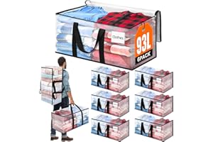 BlissTotes 6-Pack Large Moving Bags with Backpack Straps & Strong Zippers, Heavy-Duty Storage Bags Moving Boxes for Space Saving, Dorms, Transport, 93L-25 Gallons, Clear
