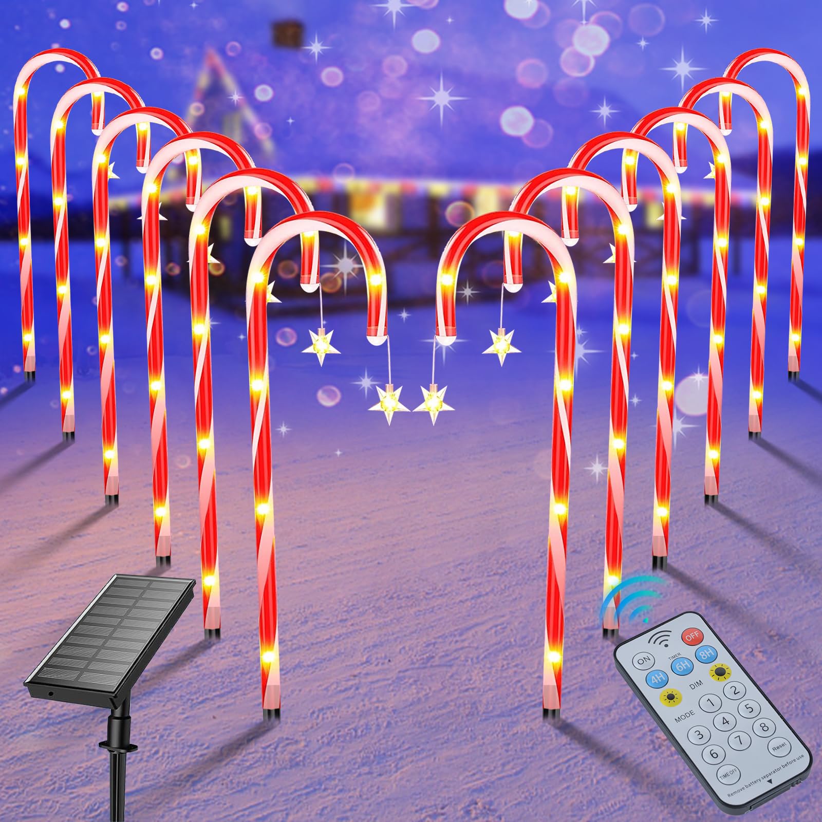 Ninonly Solar Christmas Candy Cane Lights, 12 Pack 72 LED Candy Cane Decoration Light with Star, 8 Modes Solar Lights Outdoor Waterproof Christmas Garden Light for Xmas Patio Pathway