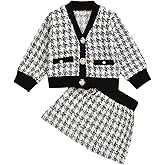 COOLOYA Toddler Girl's Plaid Two Piece Outfits Set V Neck Long Sleeve Cardigan & Mini Skirts
