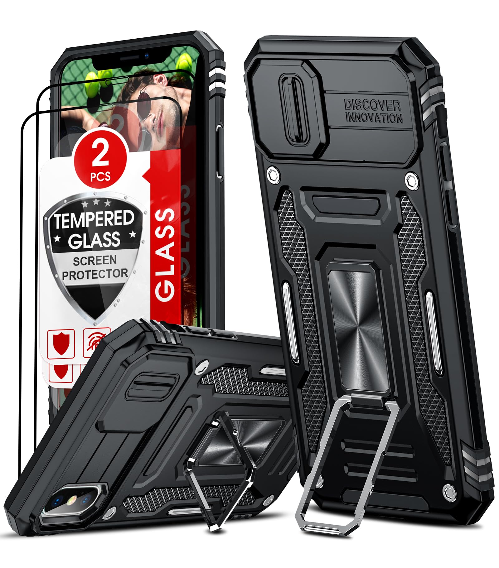 LeYi iPhone XS/X Case with Camera Lens Cover Slider, 2 Screen Protectors, Ring Stand Military Shockproof Armour Phone Cover for iPhone X/XS, Black