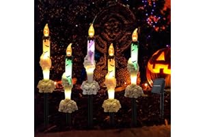 VEALIZUU Halloween Candle Lights Decorations, 5 Pack Solar Powered Skeleton Hands Hold Candle LED Lights with Stakes, Halloween Lights for Halloween Decorations Outside Pathway Lawn Garden