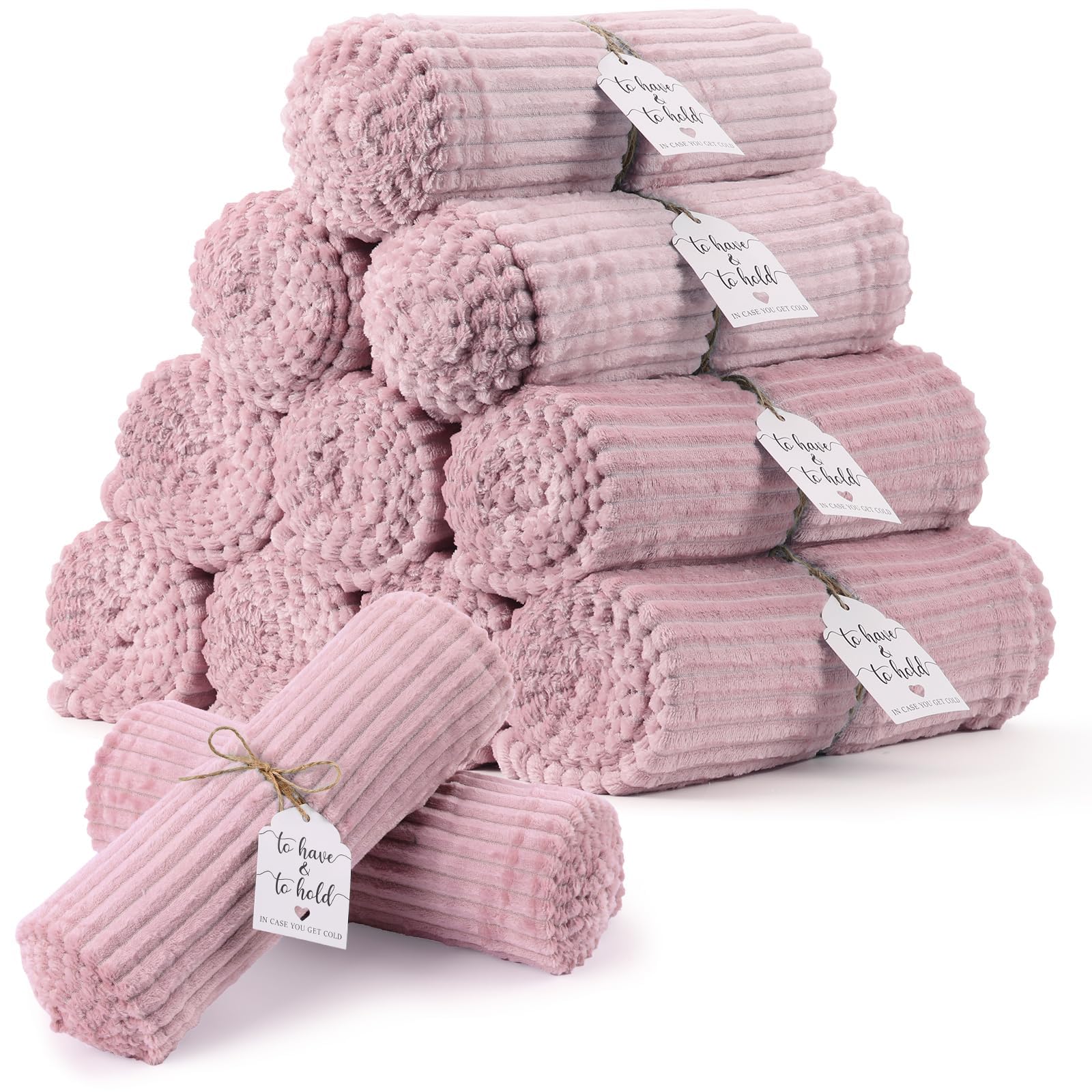 Photo 1 of 12 Pcs Dusty Pink Wedding Flannel Throw Blanket Bulk 50 x 60 Inch with to Have to Hold Card Striped Ribbed Soft Throw Blanket Lightweight Blankets for All Seasons Wedding Gifts Sofa Room(Dusty Pink)