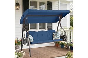 HUGCOZ 3-Seat Outdoor Porch Swing with Stand for Adults, 800lbs Convertible Swing Bed & Patio Swing with Canopy, Deep Cup Hol