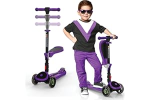 SKIDEE Kick Scooters for Kids Ages 3-5 (Suitable for 2-12 Year Old) Adjustable Height Foldable Scooter Removable Seat, 3 LED Light Wheels, Rear Brake, Wide Standing Board, Outdoor Activities for Boys/Girls