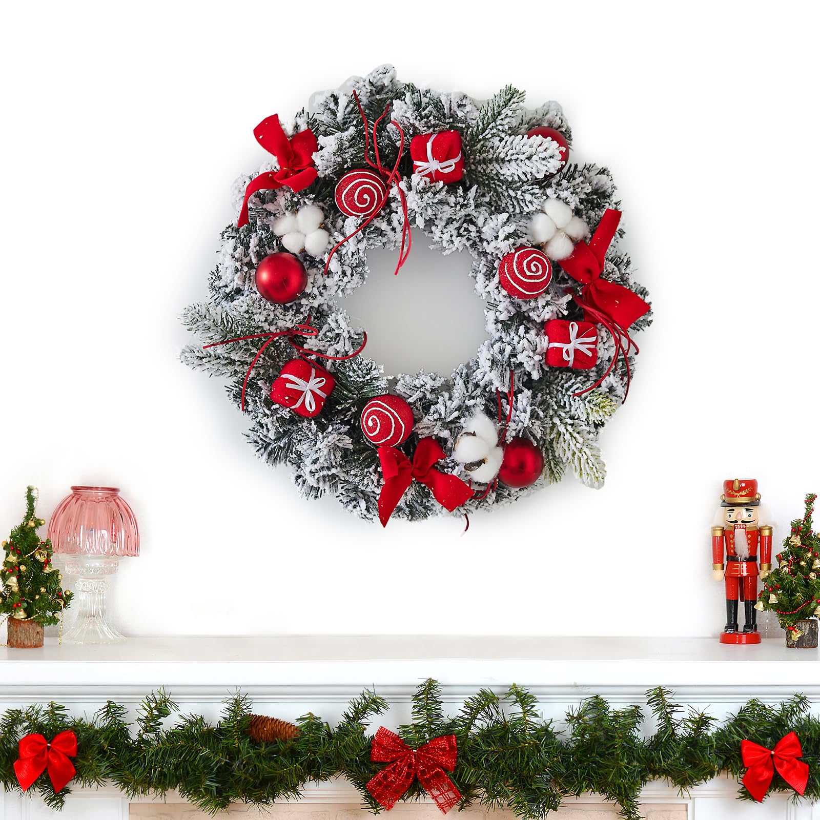 Minicoco 30CM Christmas Wreaths with Bow- Artificial Xmas Garland for Front Door | Door Wreaths Home Decor Christmas Outdoor Decorations（Red)