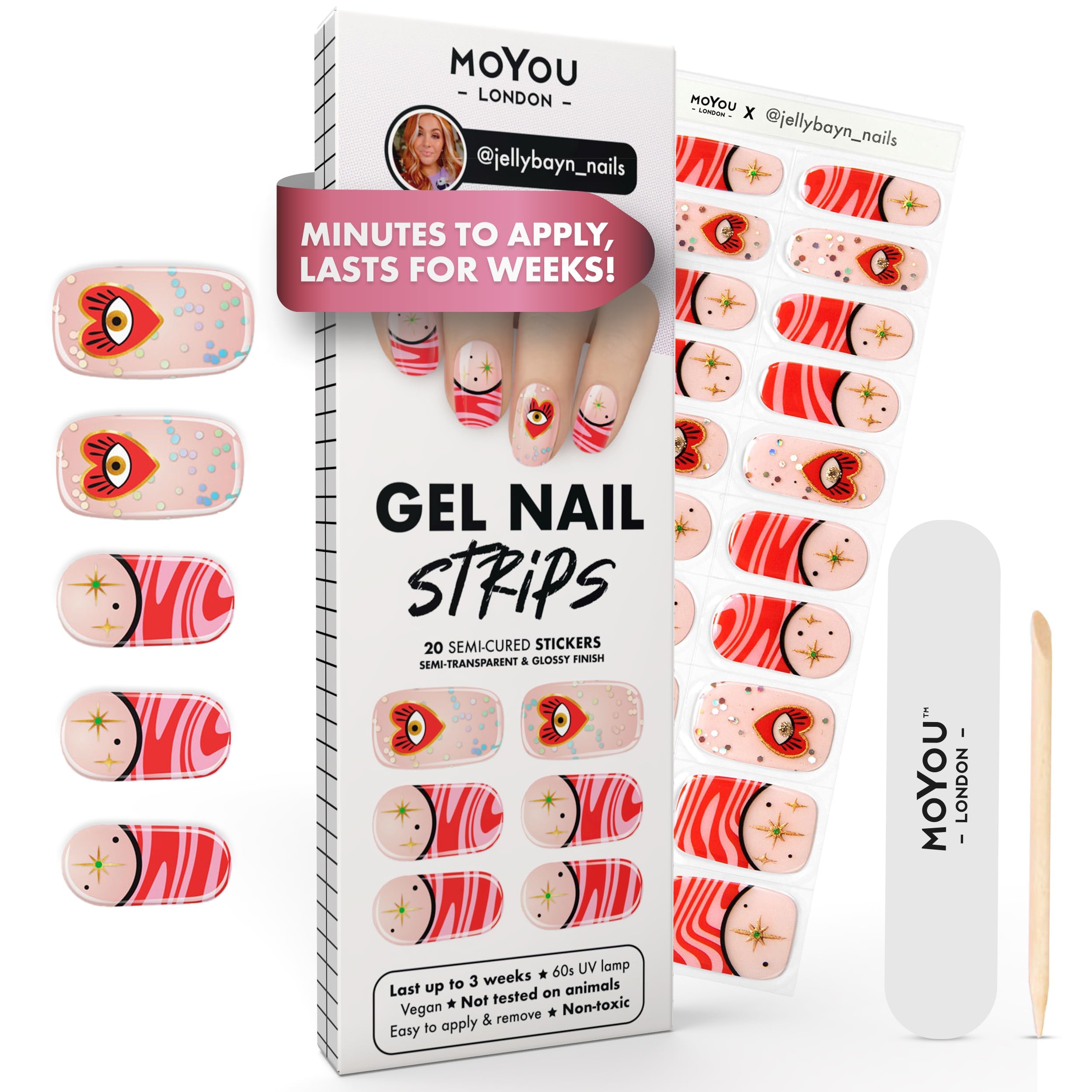 MOYOU LONDON Semi Cured Gel Nail Strips - 20 Pcs. Waterproof Gel Nail Wraps, Cures in Sunlight or UV/LED Lamp, Lasts Up to 2+ Weeks, Stretchable, Easy to Apply & Remove, Vegan & Cruelty-Free