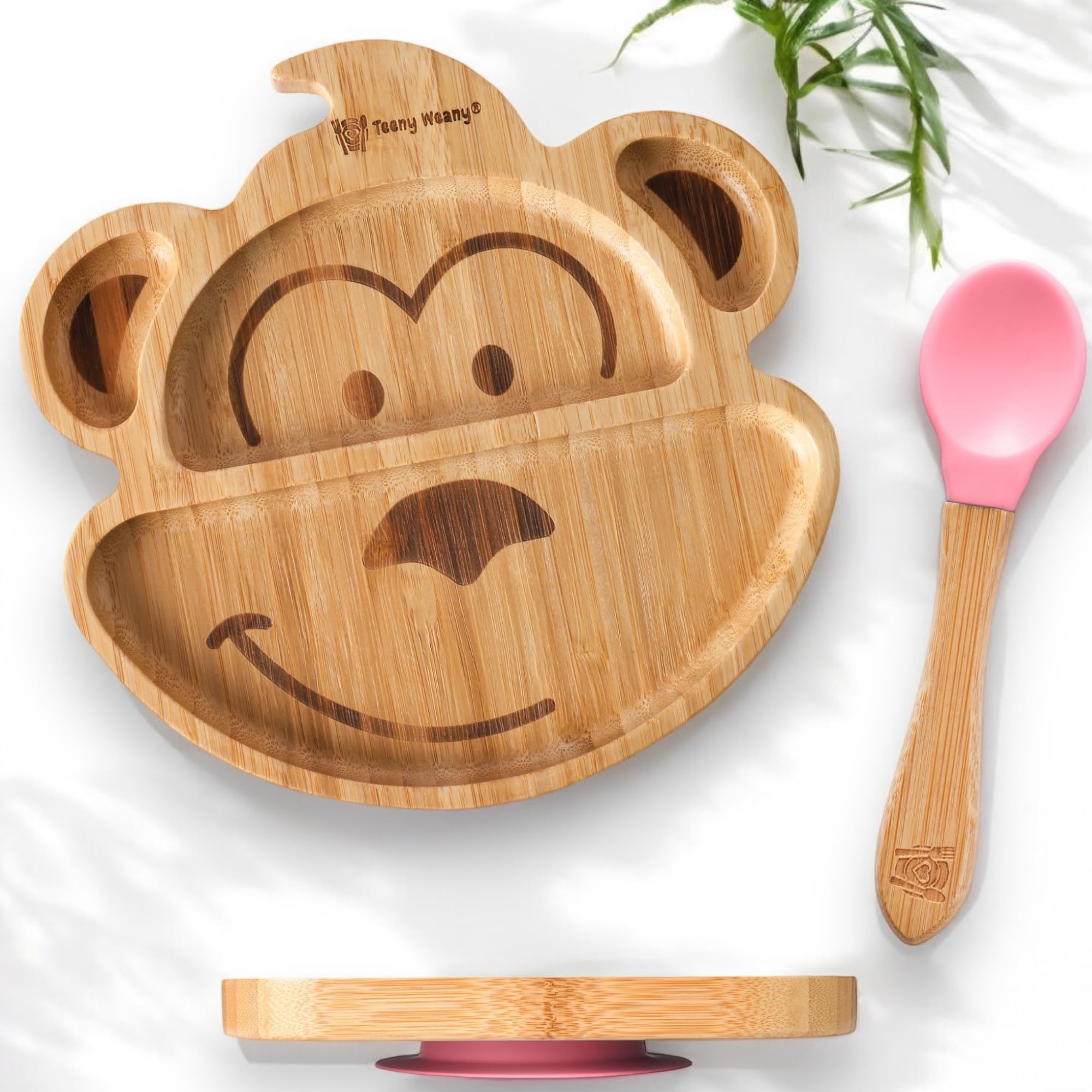 Teeny Weany® Bamboo Toddler Plates | Baby Plate and Spoon, Bamboo Plate with Secure Suction, Eco - Friendly Divided Plate, Promotes Self-Feeding for Babies from 6 Months, Monkey (Pink)
