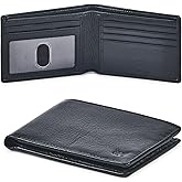 Real Leather Mens Bifold Wallet RFID Blocking Slim Minimalist Front Pocket - Thin & Stylish with ID Window in Gift Box (Nappa, Black)