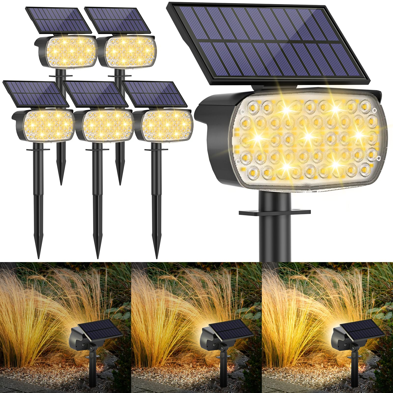 Photo 1 of MinPea 108 LED Solar Spot Lights Outdoor, Solar Lights Outdoor IP65 Waterproof, 3 Modes Solar Landscape Spotlights, Large Solar Powered Panel Lights for Garden Yard Pathway(Warm White/6 Pack)