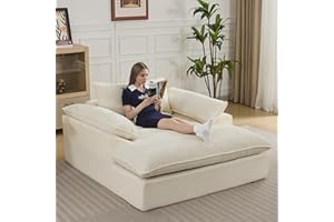 WUTUTUEE 69" Oversized Chaise Lounge Chair Indoor, No Assembly Beige Lounge Couch, Chenille Upholstered Sofa Bed with Pockets, Oversized Reading Chair with Ottoman for Living Room, Bedroom, Office