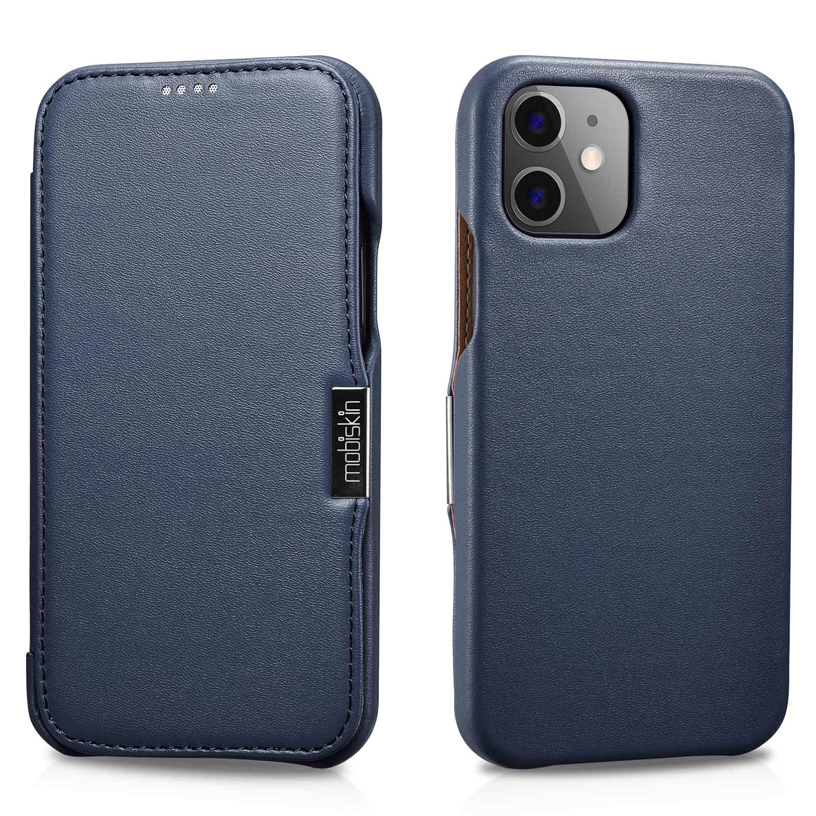 Mobiskin case compatible with Apple iPhone 12 MINI (5.4 inch), cover with genuine leather, book-style protective phone case, ultra-slim folio, thin wallet, blue