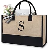 TOPDesign Personalized Initial Canvas Beach Bag, Monogrammed Gift Tote Bag for Women