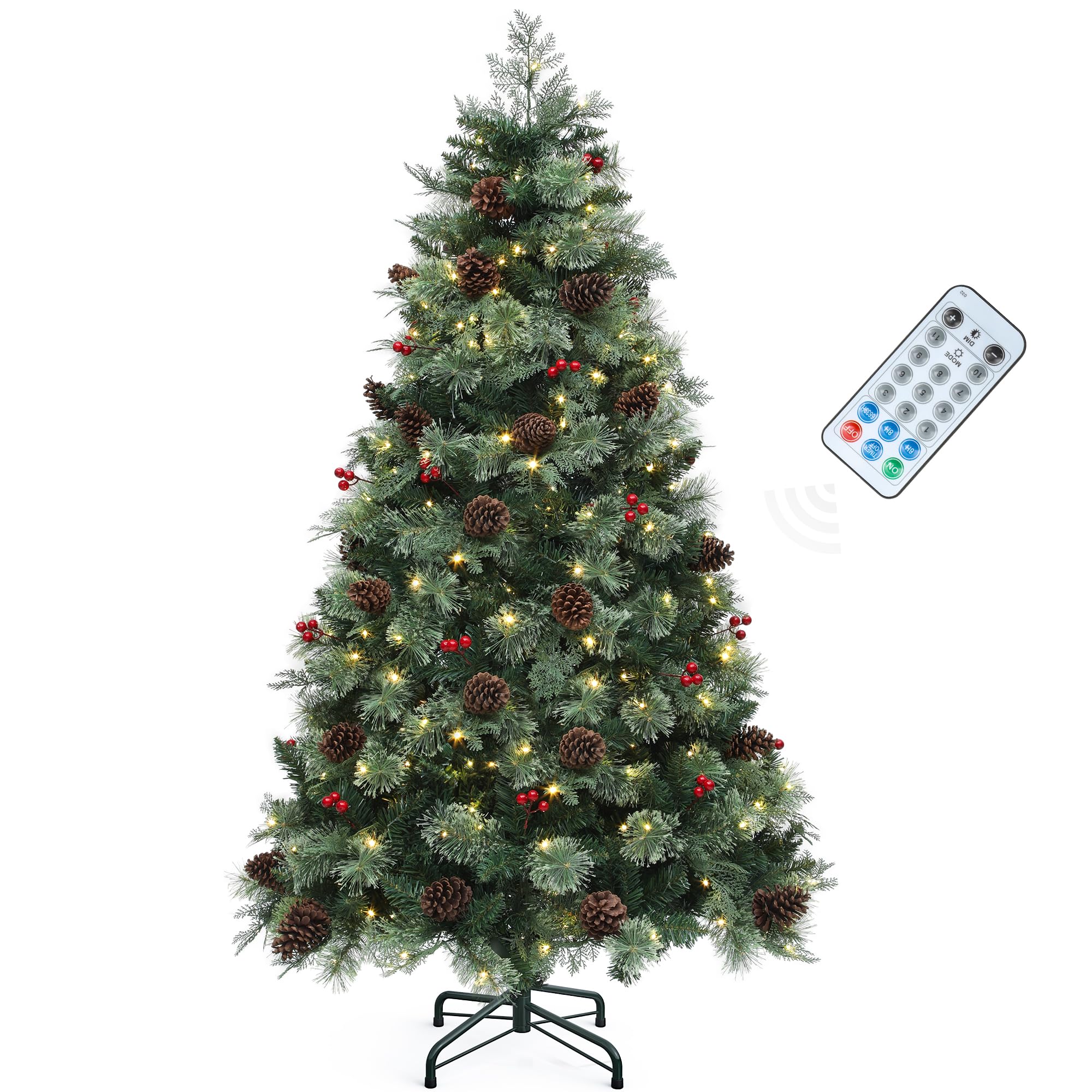 Photo 1 of **used**it Carolina Pine Christmas Tree with Remote, Artificial Green Hinged Christmas T Mixed Tips & Pine-NeedlPinecones, 30 Red BerrieModes