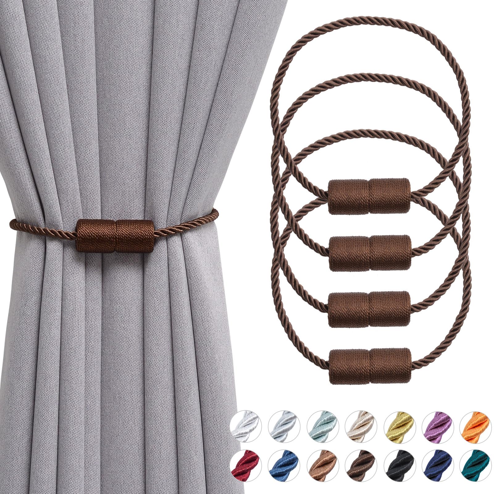 Pretty Jolly 4 Pack Magnetic Curtain Tiebacks 16 Inch Handmade Weave Side Rope Curtain Holdbacks Convenient Decorative Cylinder Curtain Drape Tie Backs for Home & Office Window Drapery (Deep Coffee)