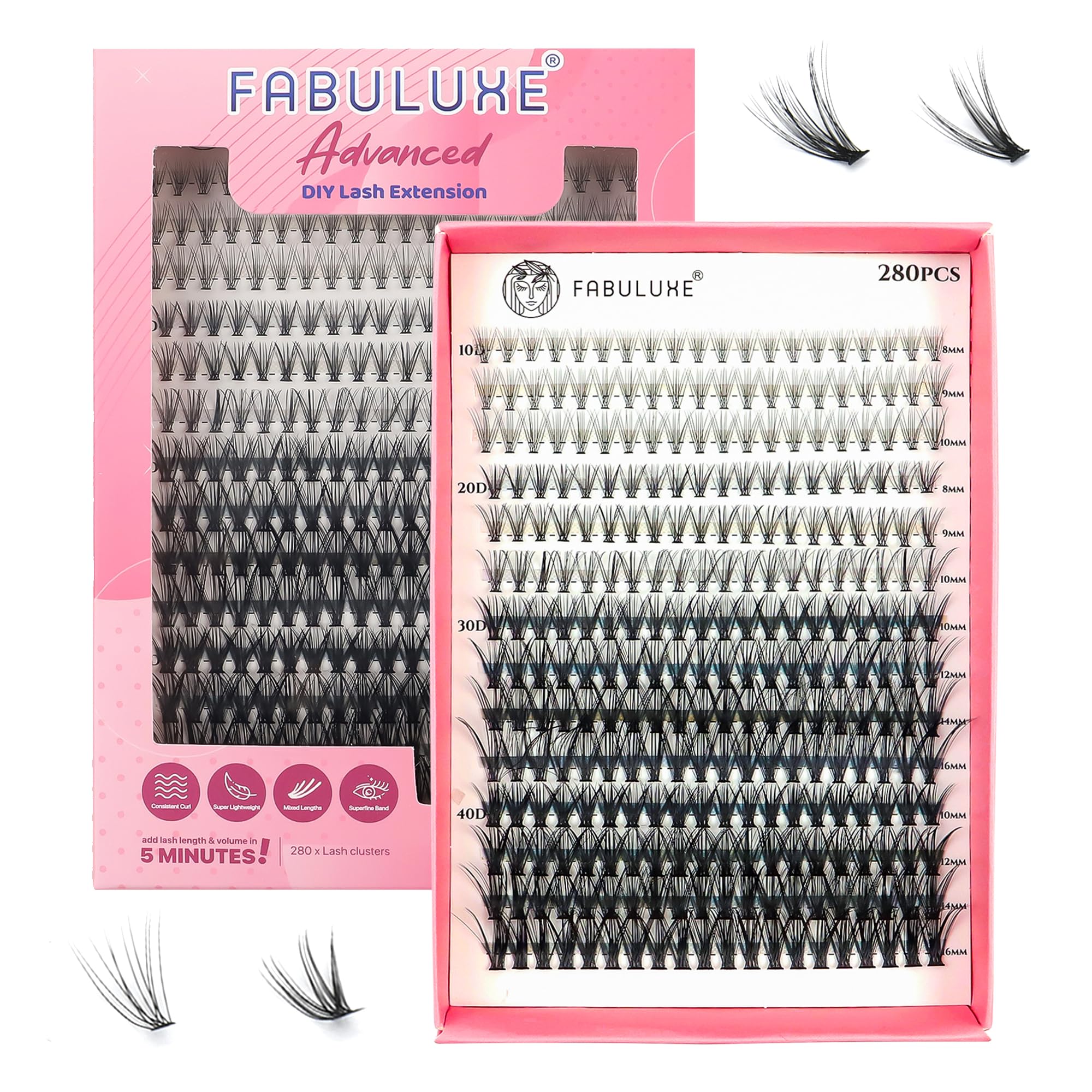 Fabuluxe 280 Pcs D Curl Cluster Lashes - Soft, Lightweight Individual Eyelashes, Easy to Apply DIY Lash Clusters - Combine & Create Your Own Lash Clusters (Yass Queen)