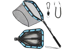 GOODCAT Fishing Landing Net, Black Rubber-Coated Mesh with Aluminum Frame, 17x12.4 Inch Hoop, 32.5 Inch Extended Handle, Foldable Floating Design with Magnetic Release for Kayak Fly Fishing
