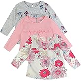 HonestBaby 3-Pack Long Sleeve Babydoll Top with Gathered Yoke 100% Organic Cotton for Infant Baby Girls, Delicate Floral Pink, 3-6 Months
