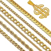 Riuziyi 7 Pcs Stainless Steel Necklace Chain Kit, Gold/Silver Plated Metal Snake/Cuban/Box/Rope Chain Link Jewelry 24" with Dollar Pendant Men Women (24 Inch, Gold)