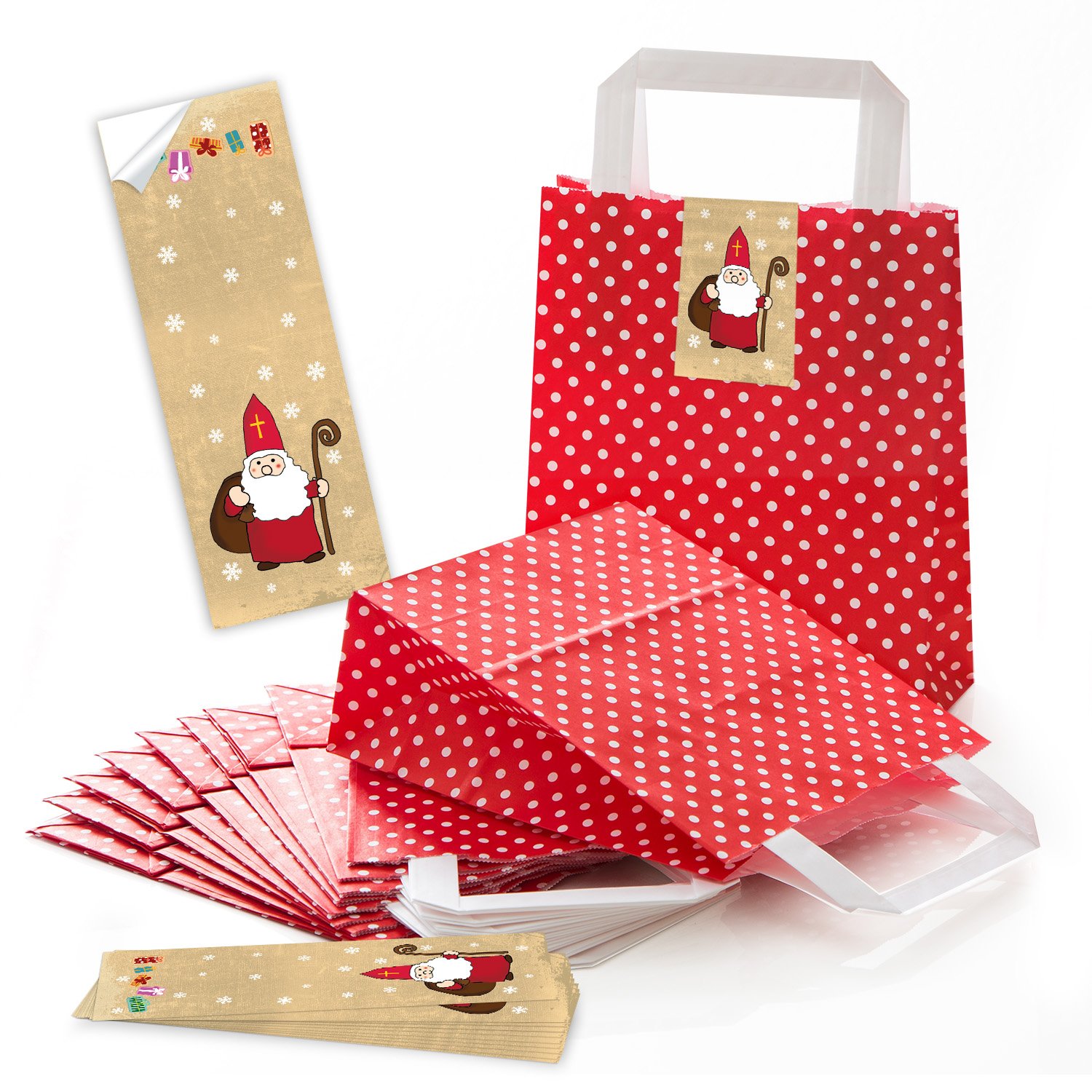 10 Red, White Polka Dot Paper Bags Gift Bags Christmas Bags with Base (18 x 8 x 22 cm Small Paper Bags with Christmas Stickers Label Holy Father Christmas Santa