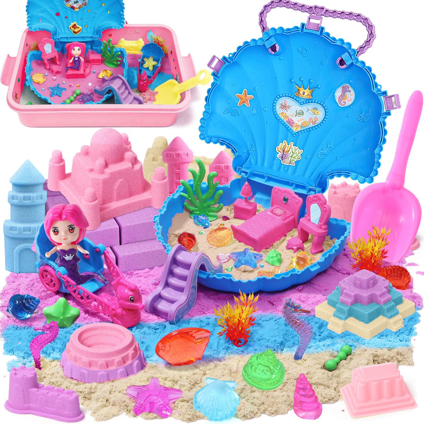 Photo 1 of G.C Ocean Mermaid Sensory Bin for Girl Kid Toy, 2lb Play Sand/Large Sea Shell/Sandbox/ 6 Castle Molds/Figures, Mermaid Sensory Toys Christmas Birthday Gift for Toddlers Girls Age 3 4 5 6 7 8