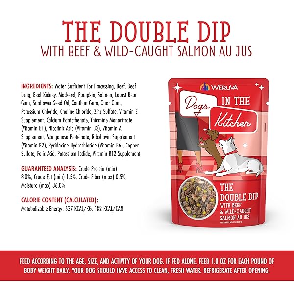 WERUVA DOGS IN THE KITCHEN, THE DOUBLE DIP WITH BEEF & WILD-CAUGHT SALMON AU JUS DOG FOOD, 2.8OZ POUCH (PACK OF 12), RED