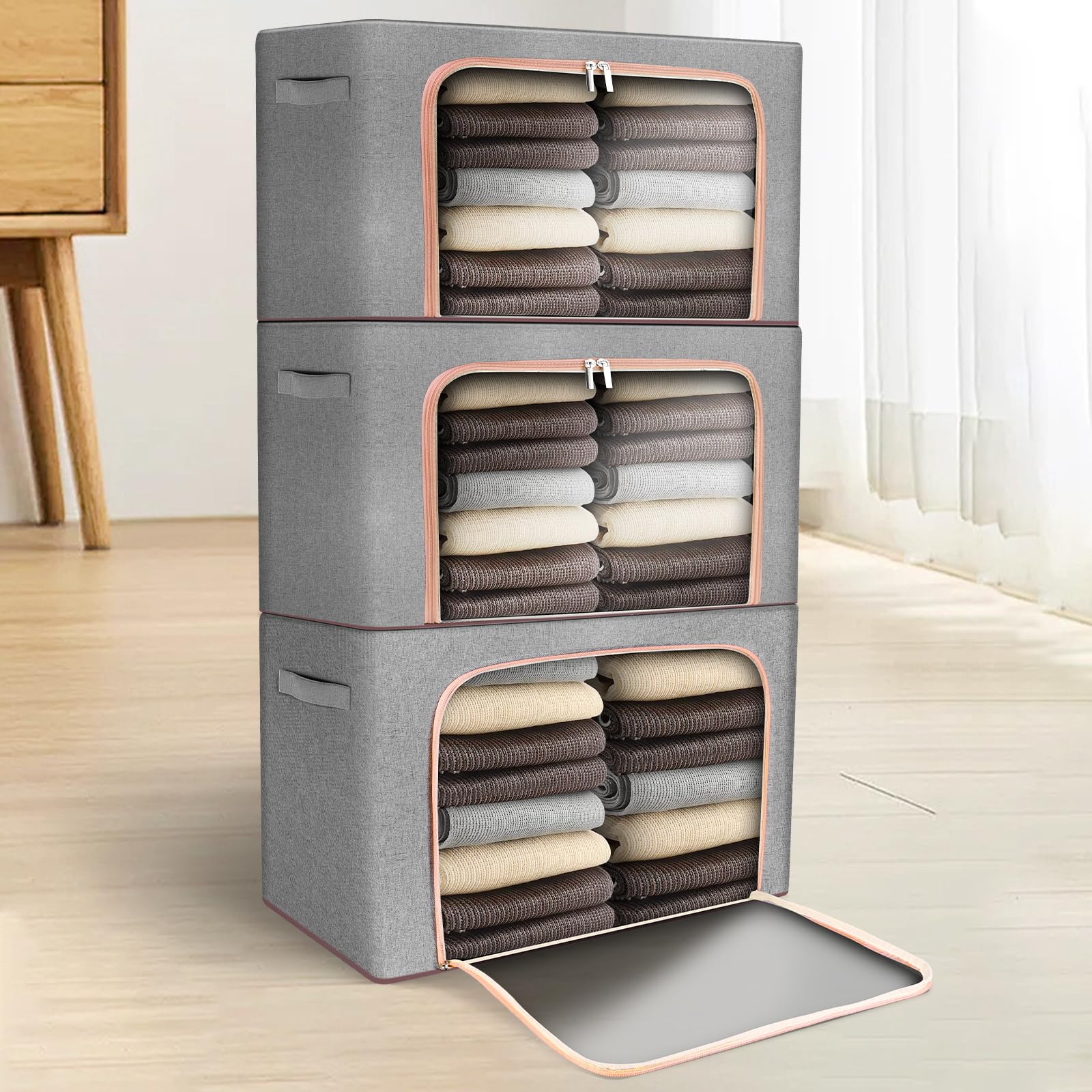 ZONJIE Clothes Storage Bags, Foldable Clothes Storage Boxes with Lids, Clear Window & Carry Handles, Cotton Linen Cloth Steel Frame Box with Zippers for Comforters, Blankets, Bedding (3, 24L)