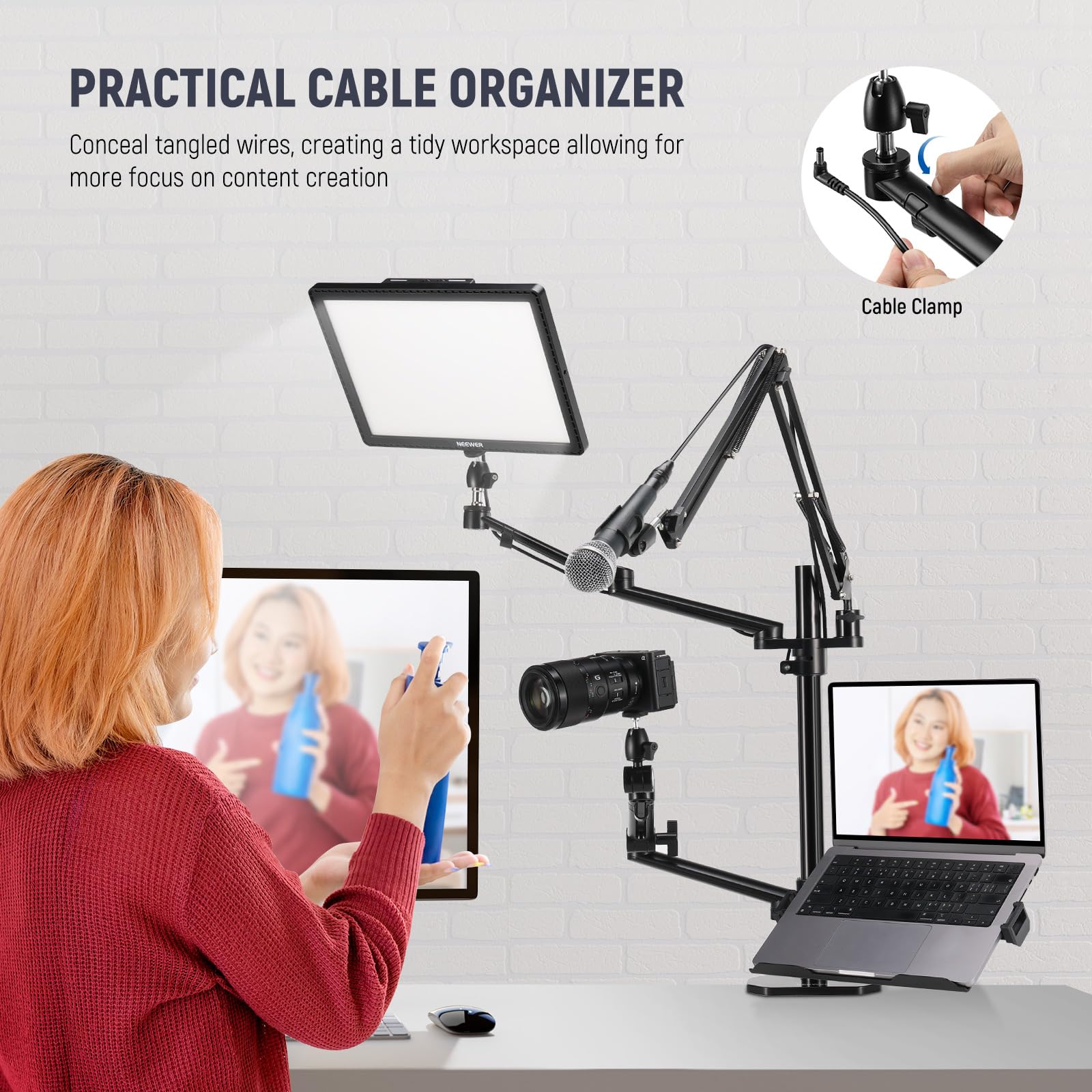 NEEWER Overhead Camera Stand Desk Mount Rig with 4 Boom Arms for Photography Video Light Ring Light Phone Mount Webcam Mic Compact DSLR for Live Streaming Broadcast Online Teaching Meeting, DS007