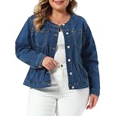 Agnes Orinda Women Plus Size Denim Jacket Button Collarless Jean Jackets | Long Sleeve Slant Pockets Vintage Washed Western Outfit Jean Jackets