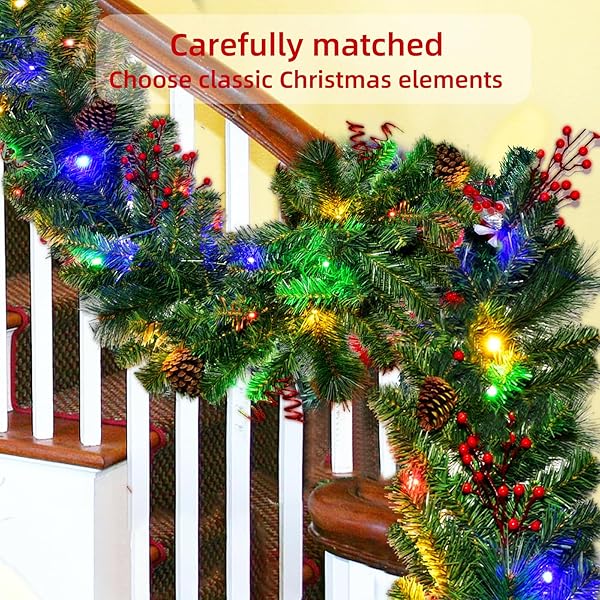 HOYECHI SET OF 2 PRELIT CHRISTMAS GARLANDS – 9FT EACH WITH 50 LED LIGHTS & RED BERRIES, BATTERY POWERED WITH 8 LIGHTING MODES, HOLIDAY GARLAND FOR STAIRS, FIREPLACE, DOOR FRAME