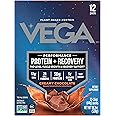Vega Protein + Recovery - 30g Plant-Based Protein per Serving, Chocolate, 12 x 1.6oz Sachets, 5g BCAAs, Probiotics, NSF Certified, For Shakes & Smoothies, (Packaging May Vary)