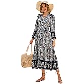 R.Vivimos Women's Long Sleeve Boho Midi Dress V Neck Floral Print Casual Button Down Loose Ruffle Beach Long Dress with Belt