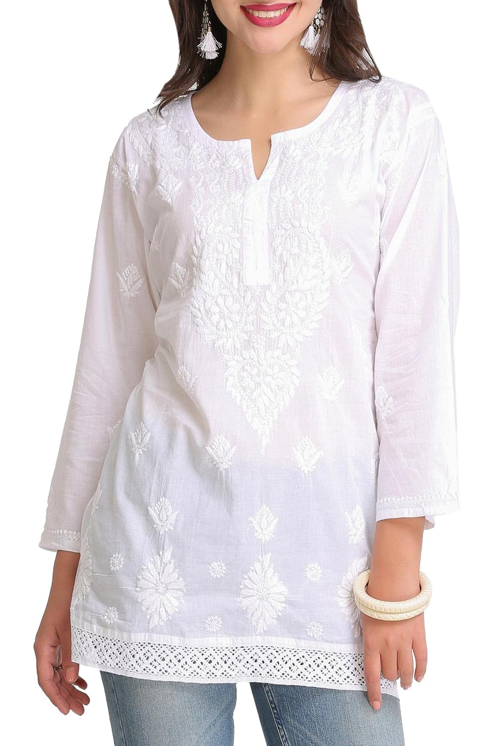 ada handcrafted lucknow chikan regular wear cotton short top tunic a208704