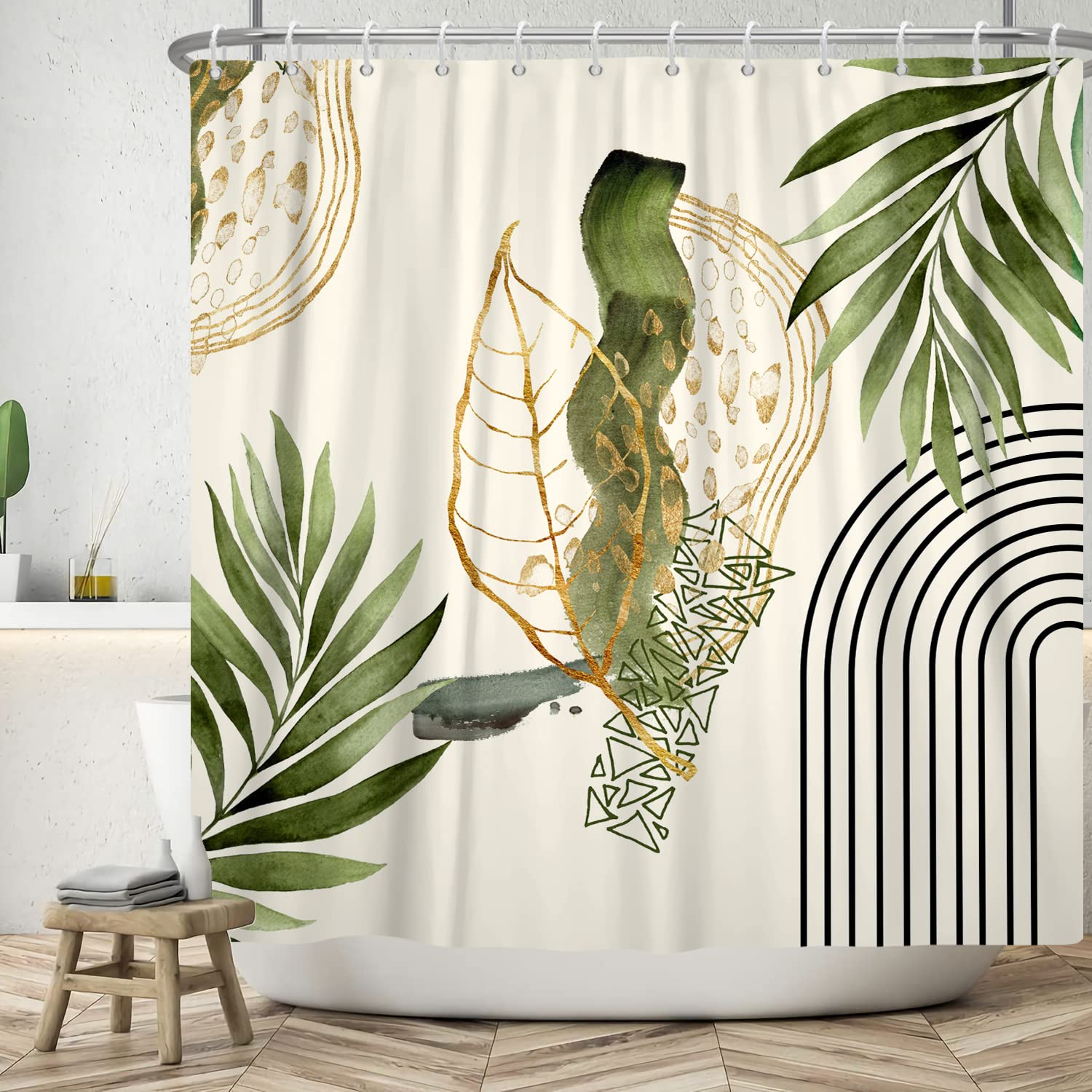 ASDCXZ Boho Leaves Shower Curtain 180x200 cm, Modern Abstract Art Boho Style Gold Green Leaves Line Bath Washable Shower Curtains Polyester Textile Waterproof Shower Curtain for Bathtub with 12 Hook