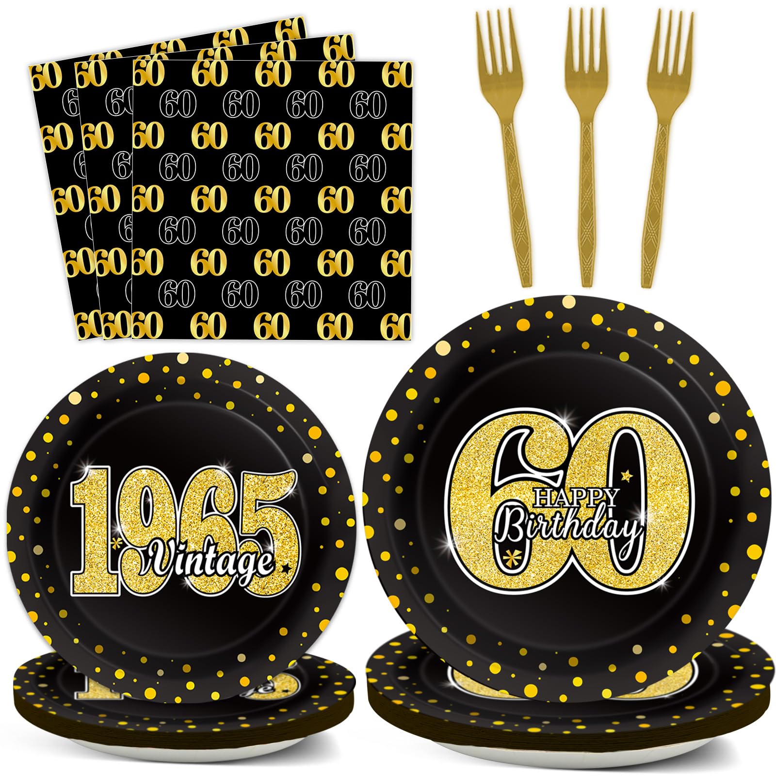 Photo 1 of 96PCS 60th Theme Birthday Party Tableware Vintage 1965 Party Supplies 60 Year Old Birthday Party Decorations Plates Napkins Forks Black and Gold Dinnerware Favors for Men or Women