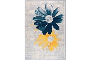 La Dole Rugs Modern Floral Area Rug, Soft Dense Pile, Durable Woven Backing, Navy Blue & Yellow Flower Design, Living Room Be