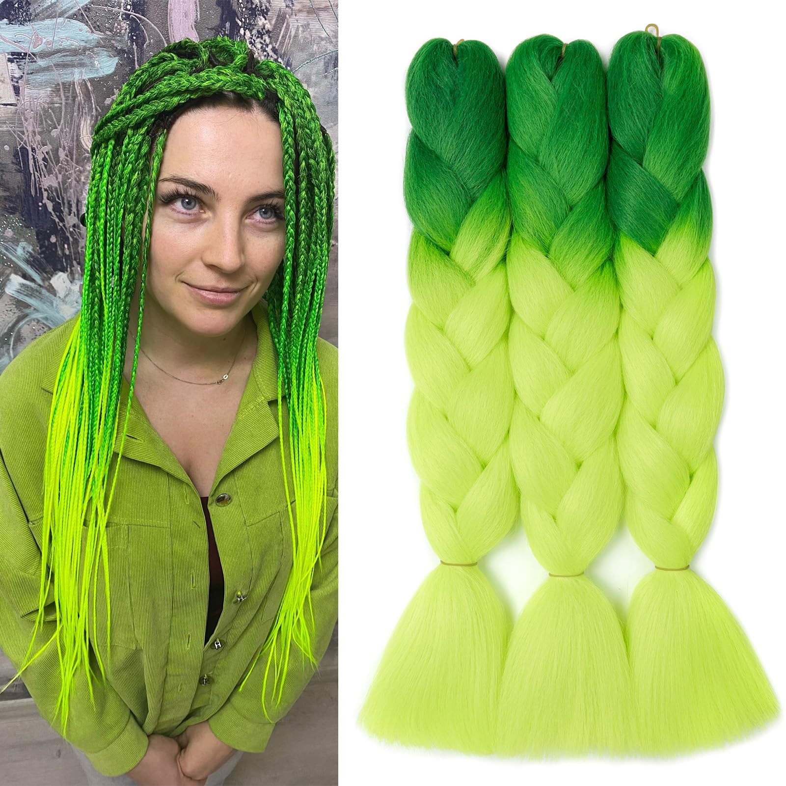 Dcbaboo Jumbo Braiding Hair Extensions 3 Packs 24 Inch Synthetic Kanekalon Ombre Afro Crochet Braids Twist Hair 300g, Green-Yellow Green — image 1