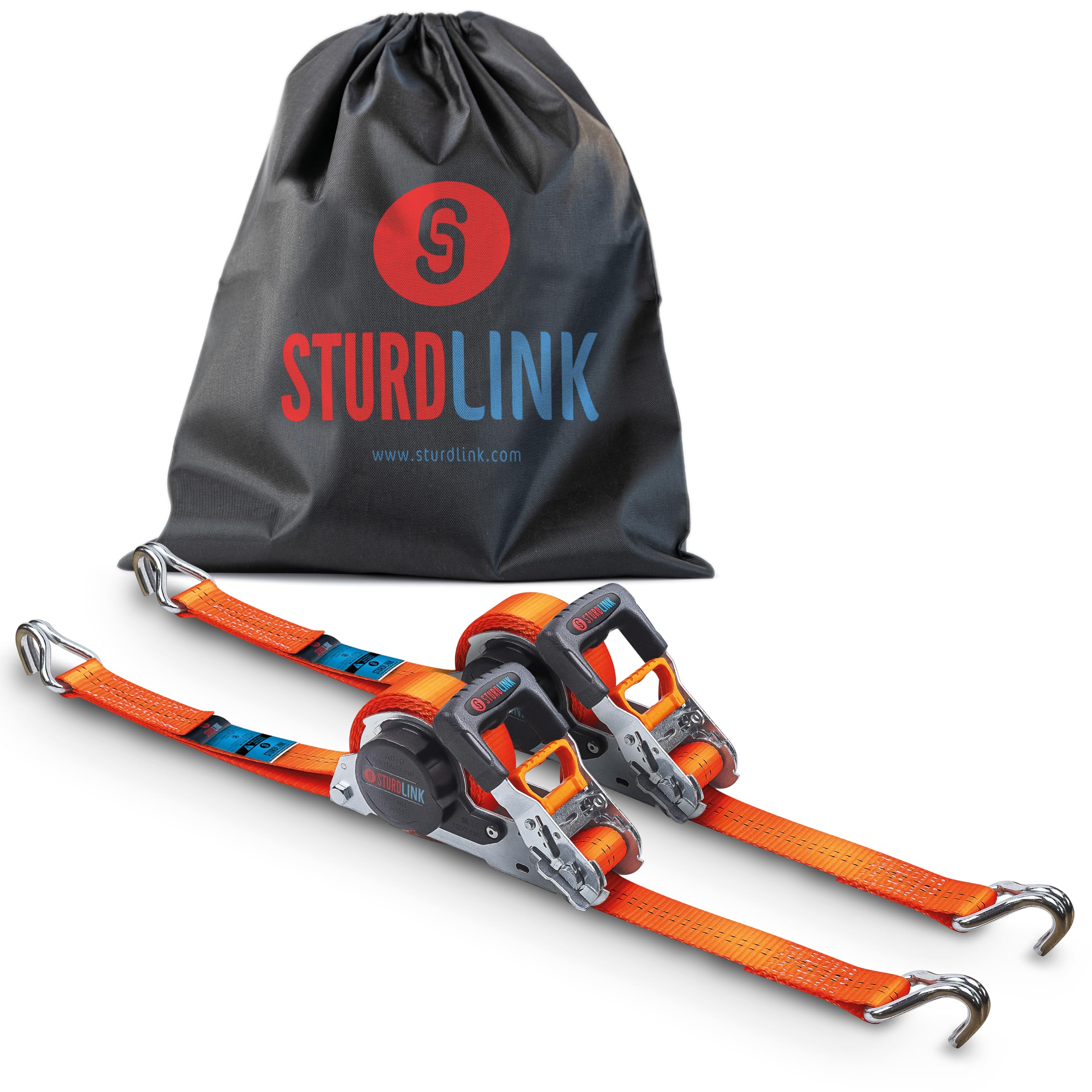 Automatic Ratchet Straps 5m 35mm with J Hooks LC 1000kg/2000kg in U | Automatic Strap Reel/Winder | Set x2 + Transport Bag | Auto-Retractable Ratchet Tie Down for Trailer, Utility, Quad, Moto, Boat