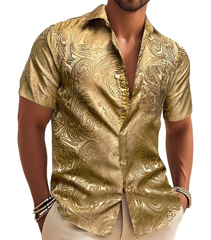 gold color dress shirt fohemr Mens Baroque Printed Short Sleeve Button Down Luxury Shirt Lady Victorian Dress Costume INV-342864 Color:Blue Green 100%Polyester