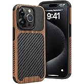 Dolstrap Rugged Case Compatible with iPhone 15 Pro Case, (Natural Wood & Leather & Carbon Fiber Hybrid) Slim Phone Cover, Black