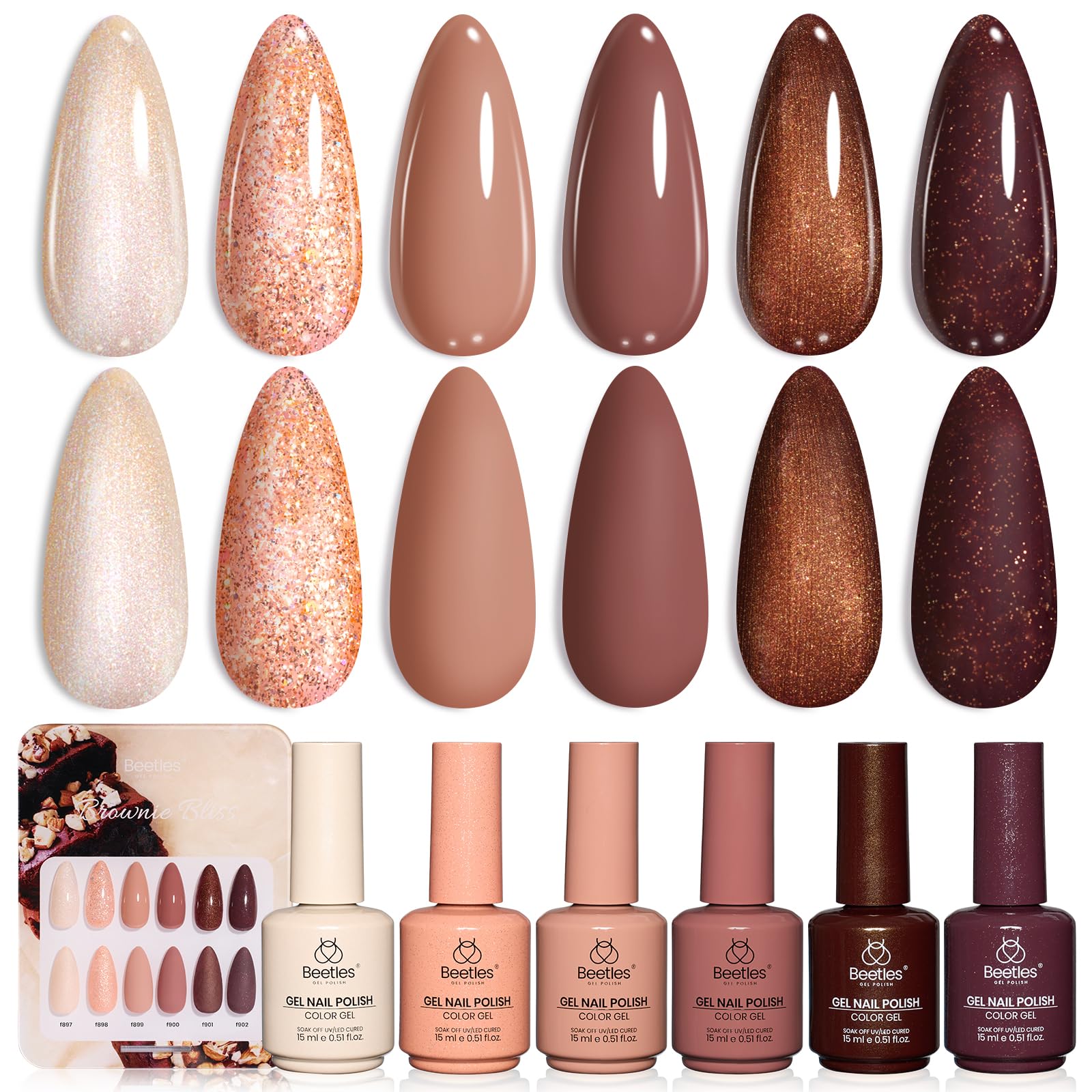 Beetles Brown Gel Polish Set, 6 Colors Light Dark Brown Color Gel Nail Polish Pearl Shimmering Soak off UV Led Lamp Needed Manicure DIY Salon Home Gifts for Women Brownie Bliss Image