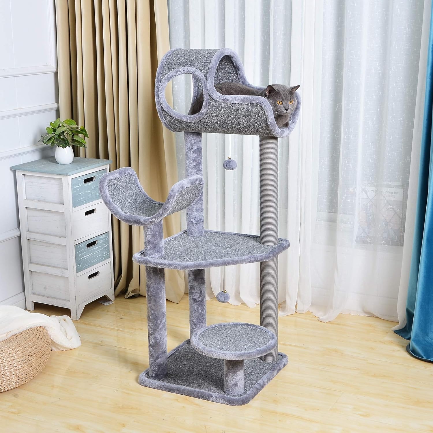 Catry Large Cat Tree Tower with Paper Rope Covered Scratching Post Hammock Tunnel for Multiple Cats Activity Center, Gray : Pet Supplies