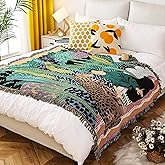 LumiSyne Double-Sided Cotton Woven Throw Blanket with Tassel Jungle Bohemian Style Tapestry Shawl Multi-Function Decorative Throws for Sofa Bed Armchair Camping Blanket Tablecloth Carpet 160x130cm