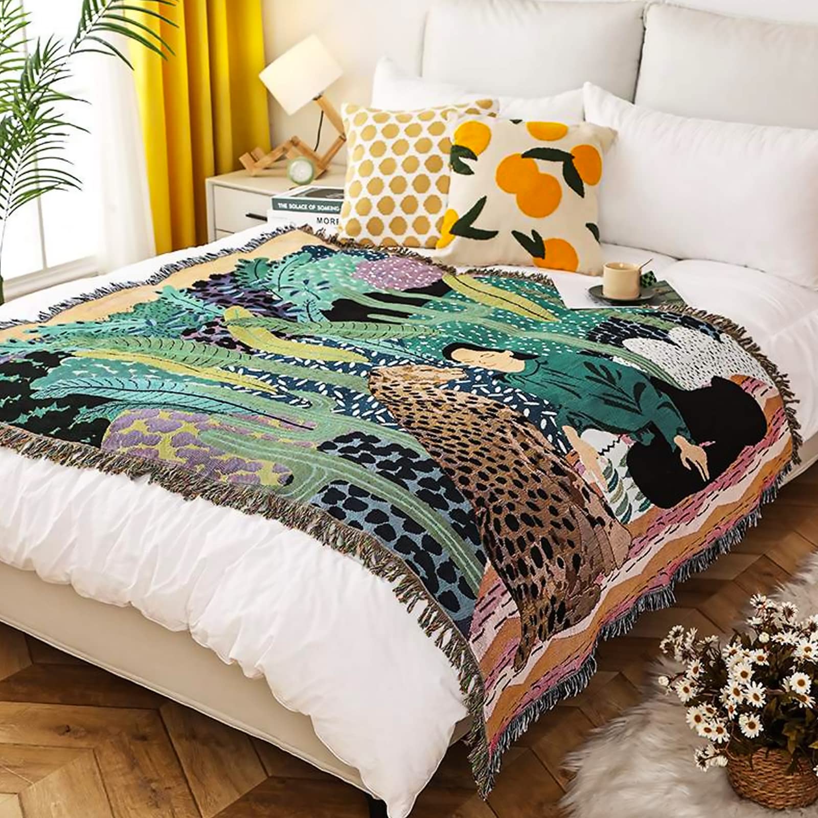 LumiSyne Double-Sided Cotton Woven Throw Blanket With Tassel Jungle Bohemian Style Tapestry Shawl Multi-Function Decorative Throws For Sofa Bed Armchair Camping Blanket Tablecloth Carpet 160x130cm — image 1
