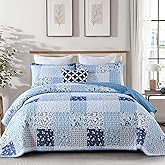 Menghomeus Blue Quilt Set Queen Boho Patchwork Bedspread Floral Coverlet Reversible Bed Quilt Set All Season Soft Microfiber Bedding Farmhouse Bed Sets, 96"x90"