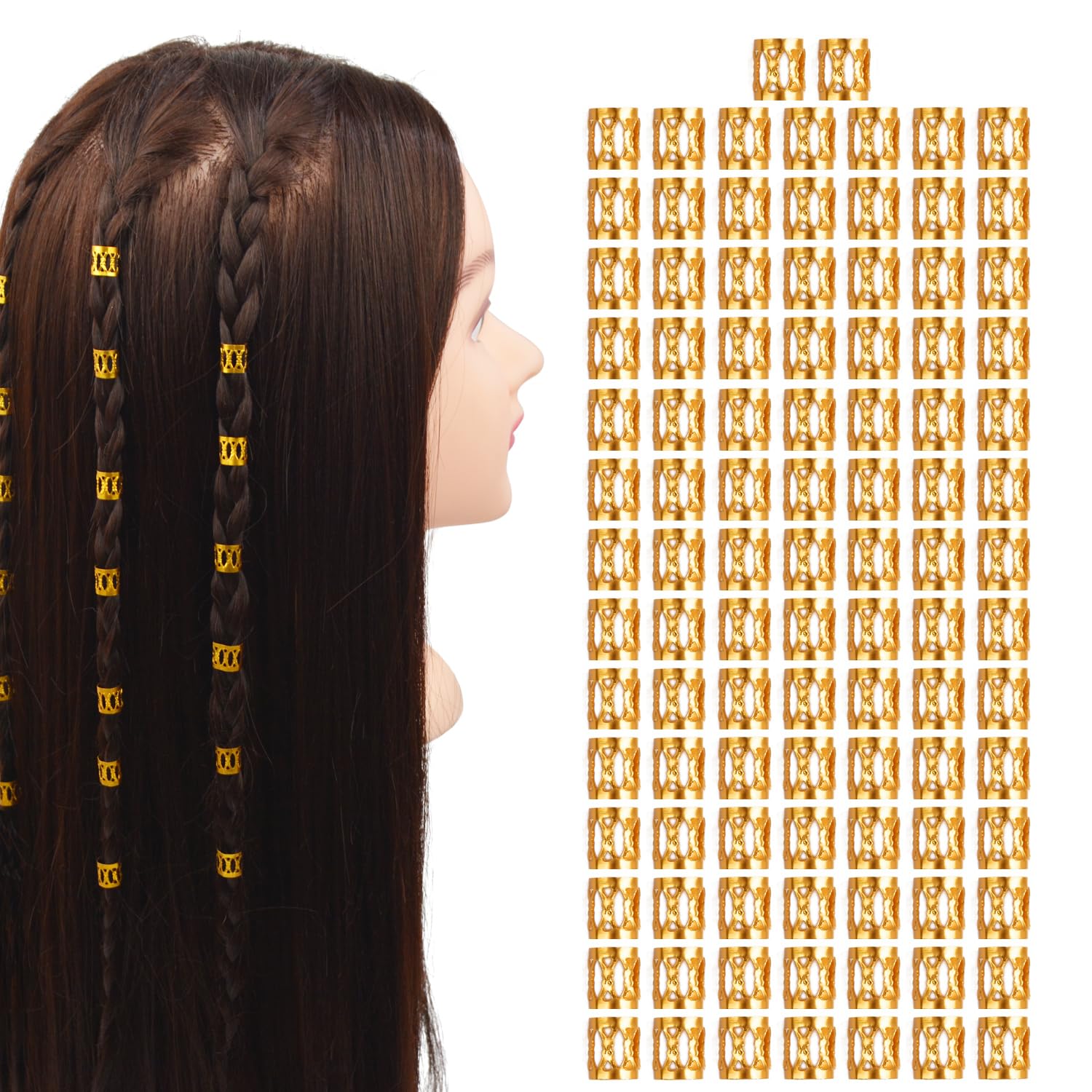 Photo 1 of 100 Pcs Dreadlocks Beads Metal Hair Cuffs Hair Braiding Rings Braid Clips for Women Hair Accessories (Gold)