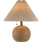 JONATHAN Y 17.25" Brown Wood Finish Sphere Table Lamp, Mid-Century Bedside Nightstand with Beige Pleated Linen Shade, Scandin