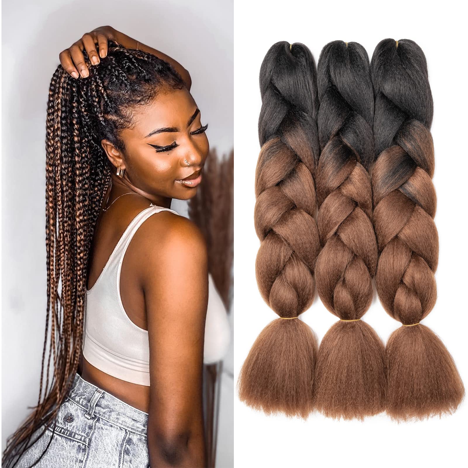Gairyan Braiding Hair Extensions Ombre Jumbo Braids Synthetic Hair 3 Packs 24 inches 300g Coloured Hair for Braiding Extensions Box Braids Crochet Twist (Black-Dark Brown) โ image 1